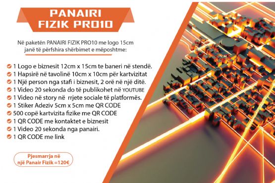 Paketa PANAIRI FIZIK PRO10 me logon e biznesit 20cm ne baner në stenden Panairi Online